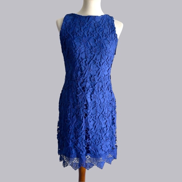 Ralph Lauren Cobalt Blue Floral Overlay Lined Dress Size 4 - Picture 9 of 16